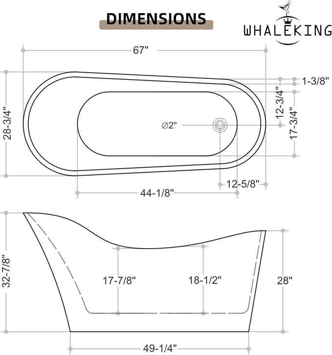 67" Freestanding Soaking Slipper Bathtub, WHALEKING Luxury Stand Alone Free - Image 7