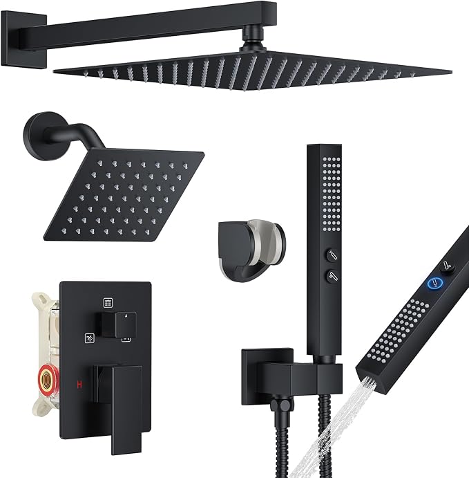 Rain Shower System Matte Black Shower Faucet Set, Dual Rainfall Shower Head Set by FAROLAN