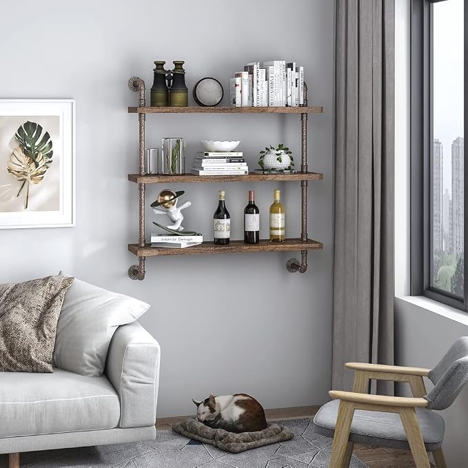 Helsin 3 Tier Industrial Pipe Shelf Rustic Wood Floating Shelves, Wall Display - Image 4