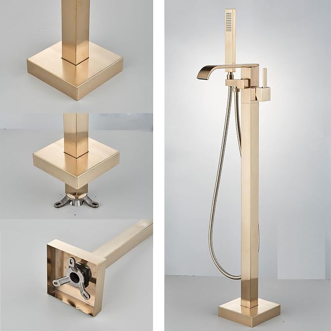 Freestanding Bathtub Faucet Brushed Gold Floor Mount Waterfall Tub Filler High - Image 6