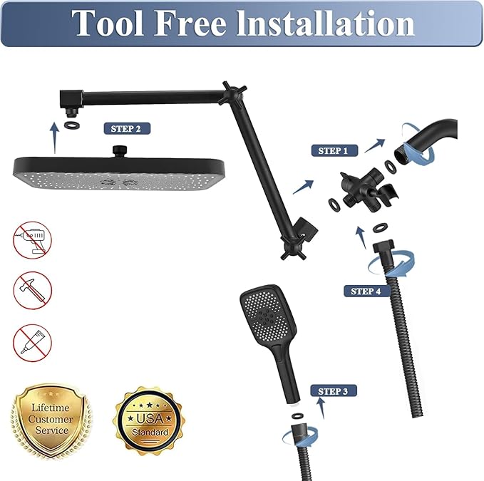 14 Inch Large Shower Head with Handheld Spray Combo and Extention Arm, Rain - Image 2