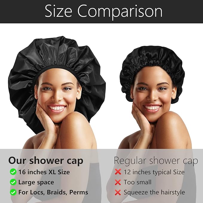Auban Extra Large Shower Cap, Double-Layer Waterproof Reusable, XL Satin Lining - Image 4