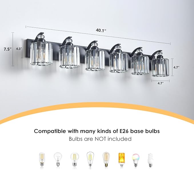 6-Light Black Bathroom Light Fixture Modern Vanity Lights Over Mirror Vintage - Image 3
