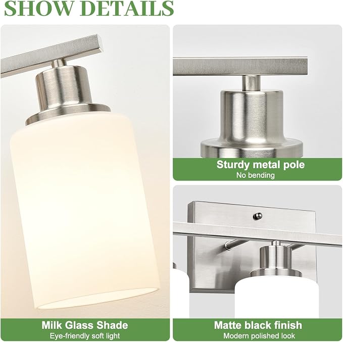 3-Light Bathroom Light Fixtures, Brushed Nickel Vanity Light - Image 3
