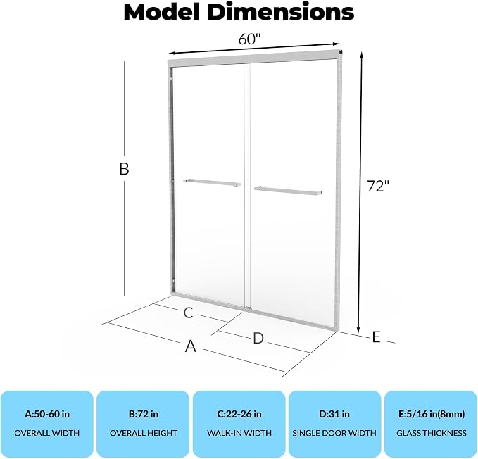 50-60" Adjustable Width x 72" Height Sliding Shower Door, Aluminum Alloy Frame - Image 2