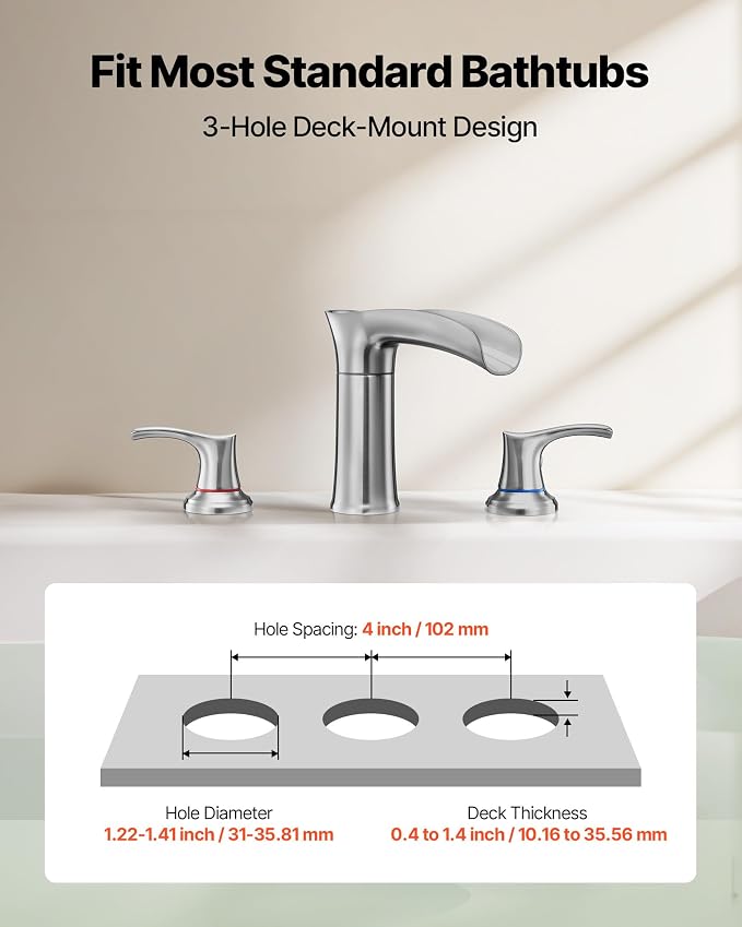 VEVOR Roman Tub Faucet, 3 Hole Waterfall Bathtub Faucet, Zinc Alloy Bath Tubs - Image 3