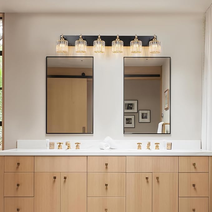 6-Light Crystal Bathroom Vanity Light, Modern Black Gold Bathroom Light - Image 7