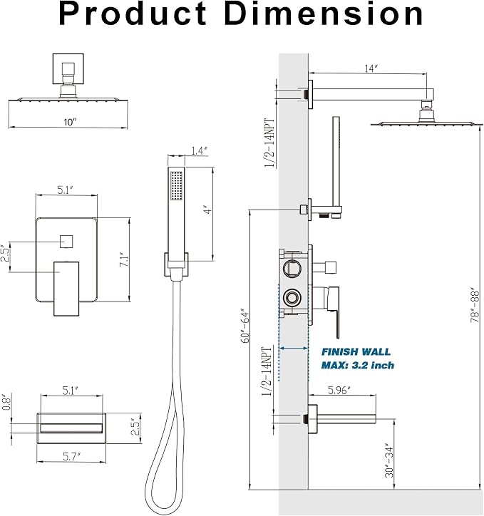 Shower System with Tub Spout, All Metal Tub Shower Faucet Set with 10" Rain - Image 7