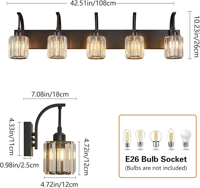 5-Light Crystal Vanity Light, Modern Black Bathroom Wall Sconce - Image 4