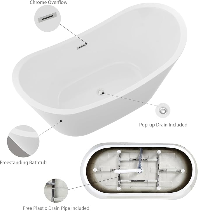 Logmey 59 Inch Freestanding Bathtub White Acrylic Oval Shape Soaking Tub - Image 5