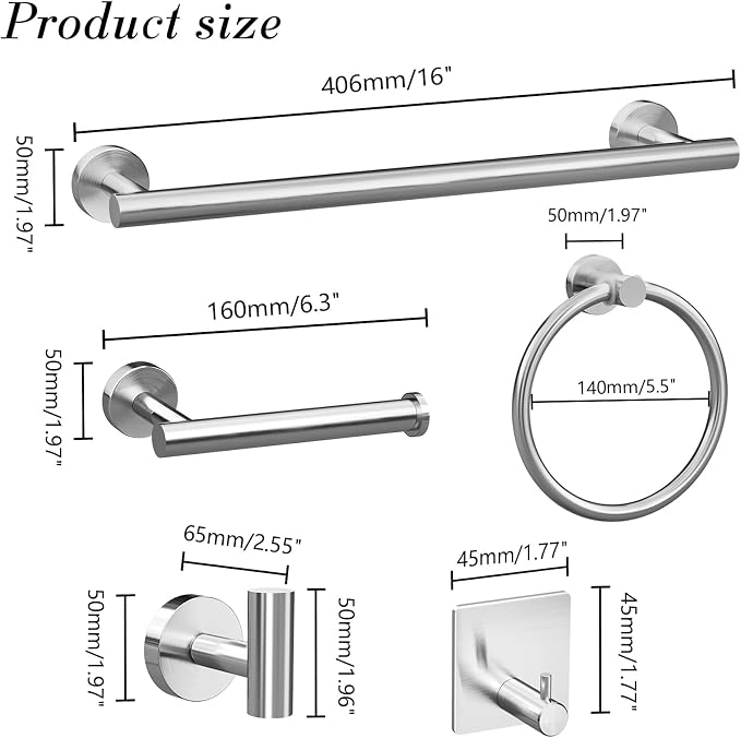 14-Piece Bathroom Hardware Set, Brushed Nickel Stainless Steel, Wall-Mounted - Image 6