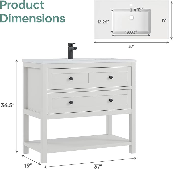 36 Inch Bathroom Vanity with Sink, Farmhouse Storage Cabinet with Drawers & - Image 2