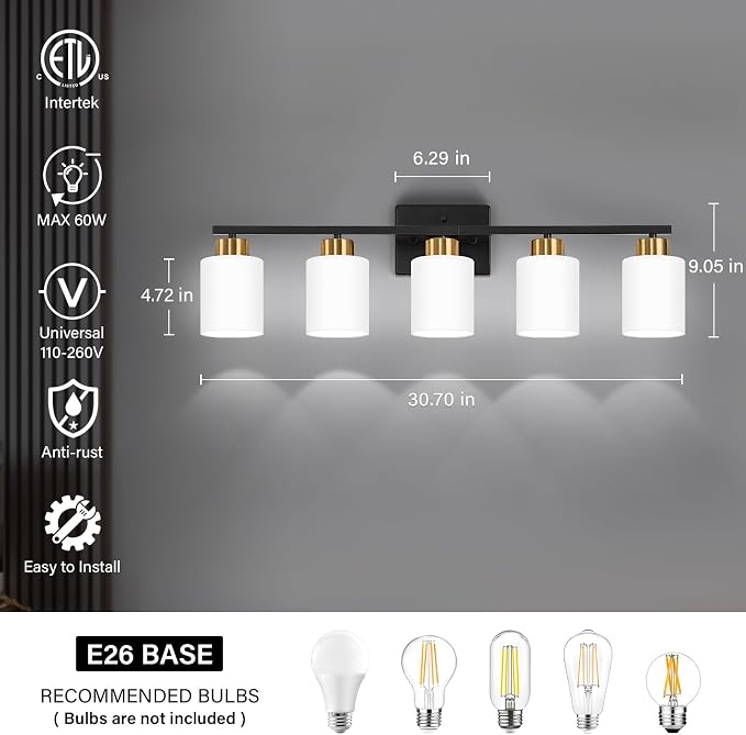 Black and Gold Bathroom Light Fixtures, 5-Light Modern Vanity Light Over Mirror - Image 2
