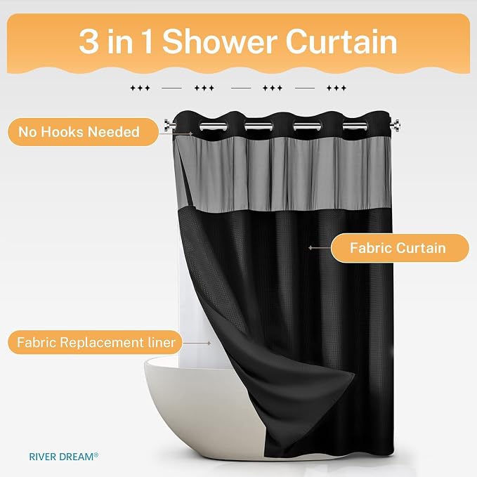 River Dream Heavyweight No Hooks Required Dotted Waffle Weave Shower Curtain - Image 9