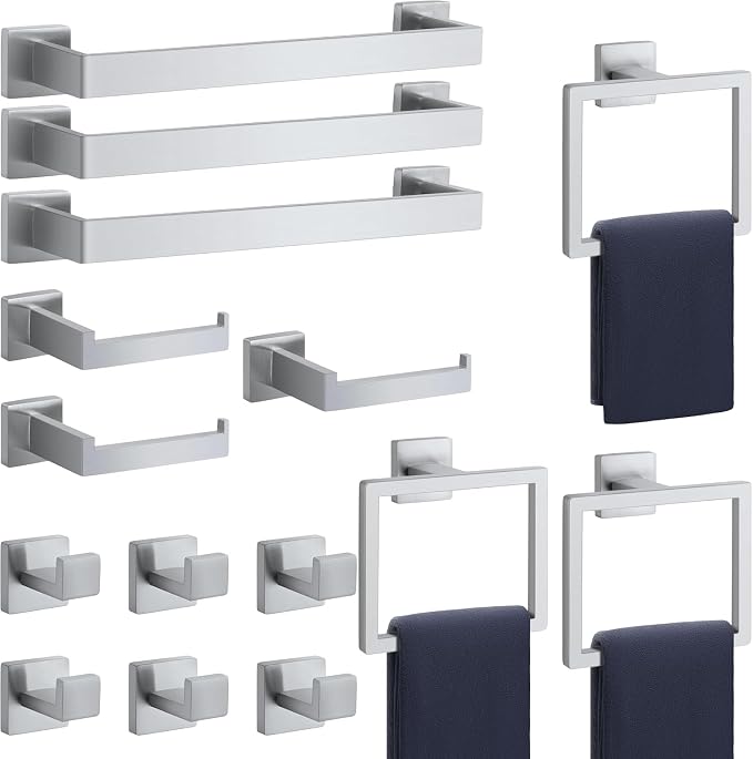 Bathroom Accessories Towel Bar Set: 15 Pieces Brushed Nickel Square Bathroom by PAHSFSLLC