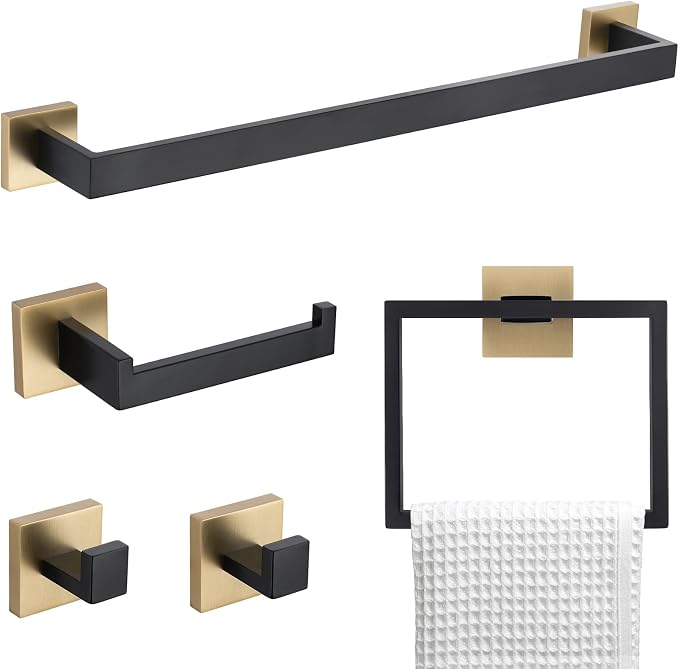 TNOMS 5 Pieces Bathroom Hardware Accessories Set Black and Gold Towel Bar Set by TNOMS