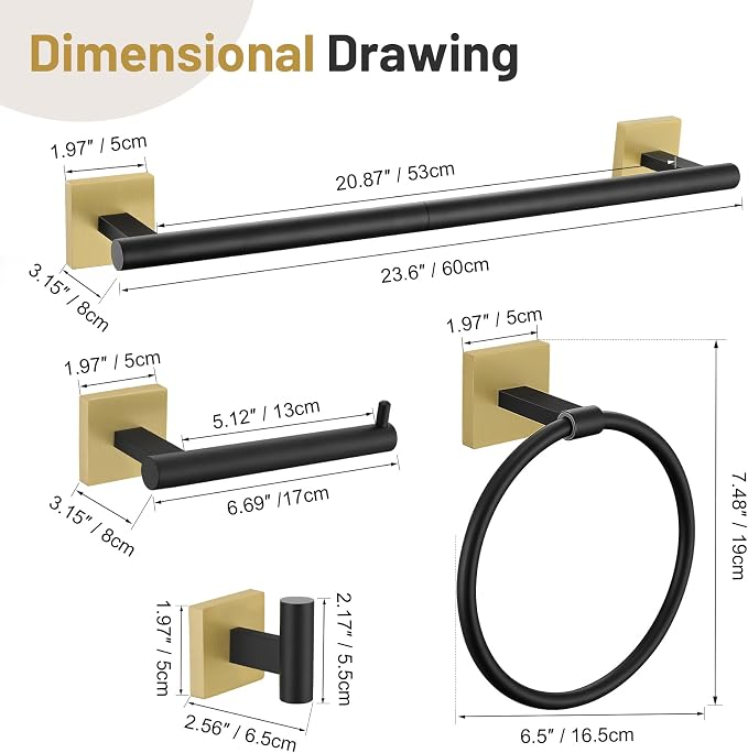 10 Pieces Black Gold Towel Bar Set, 23.6 Inch Bathroom Accessories Set SUS304 - Image 7