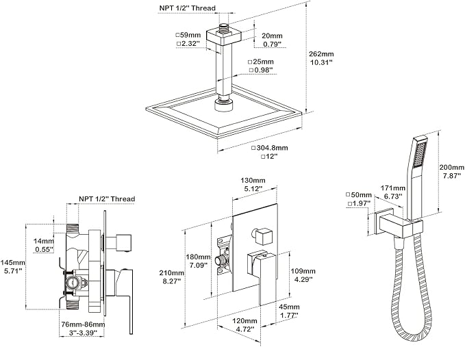 Shower System 12 Inches Rain Shower Combo Set Brushed Nickel Ceiling Mount - Image 2