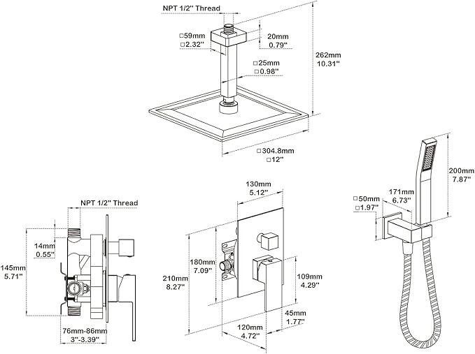 Shower System 12 Inches Rain Shower Combo Set Brushed Gold Ceiling Mount Shower - Image 2