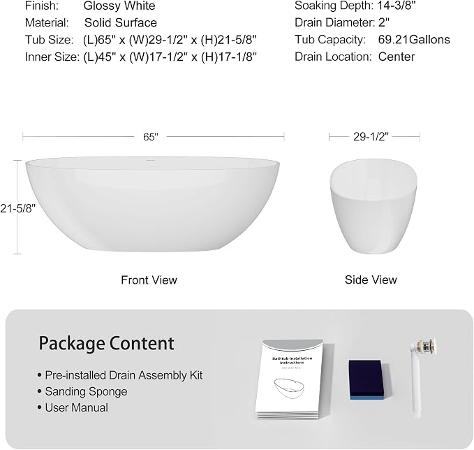 Abruzzo 65" Glossy White Freestanding Solid Surface Bathtub, Luxury Handcrafted - Image 3