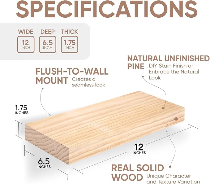 Homeforia Wood Floating Shelf 12 inch, High End Solid Natural Wood 12inch - Image 2