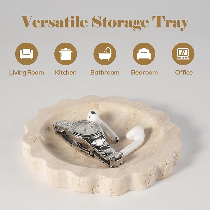 Koville Travertine Jewelry Tray, 5.51" Round Trinket Dish - Image 5