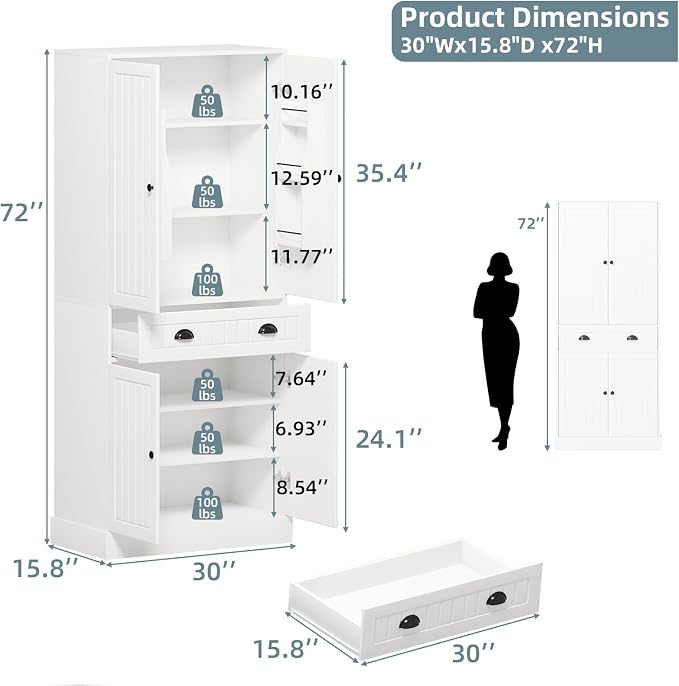 4 EVER WINNER 72" Tall Pantry Cabinet, Farmhouse Storage Cabinet - Image 2