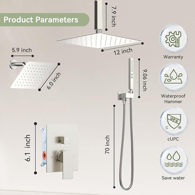 Shower Faucet Set Brushed Nickel Shower System, Bostingner Five Function - Image 8