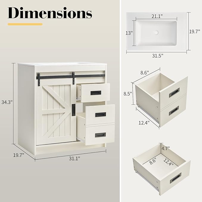 31" Farmhouse Sliding Barn Door Bathroom Vanity - Image 2