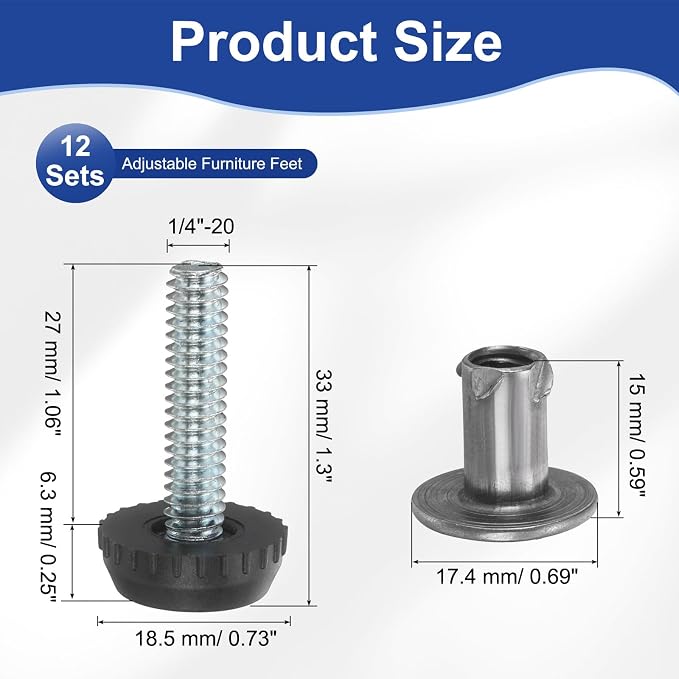 uxcell 1/4"-20 Thread Furniture Feet Levelers, 12Set 27mm L Adjustable - Image 2