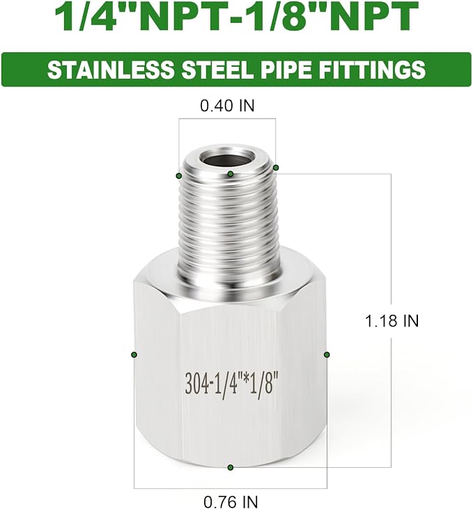 TAISHER 10PCS 304 Stainless Steel Pipe Fitting, 1/8" NPT Male x 1/4" NPT Female - Image 2