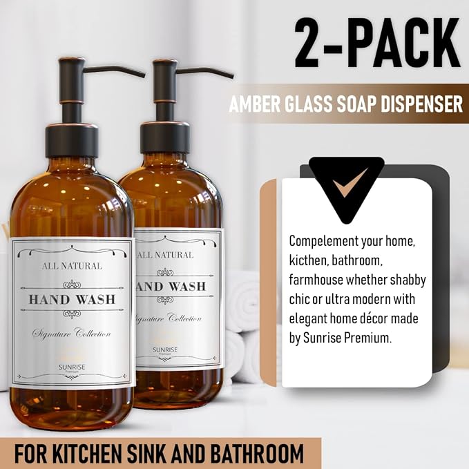 2 Pack Amber Glass Soap Dispenser 16 OZ - Image 4