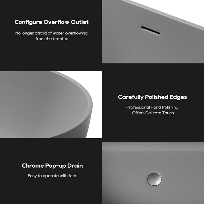 SJ STAR&JANE 59" Solid Surface Freestanding Bathtub Oval Stone Resin Soaking - Image 4