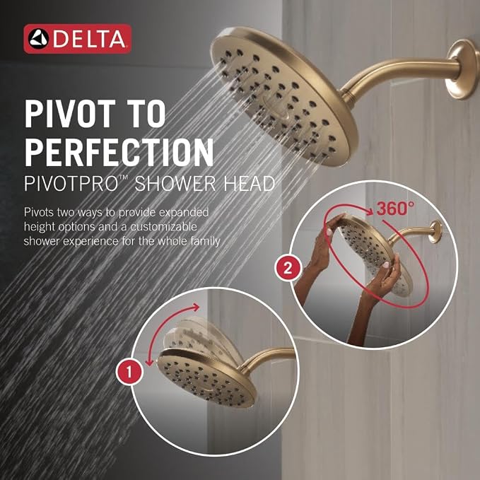 Delta PivotPro Brushed Gold Rain Showerhead, Single Setting 7 Inch Round Shower - Image 2