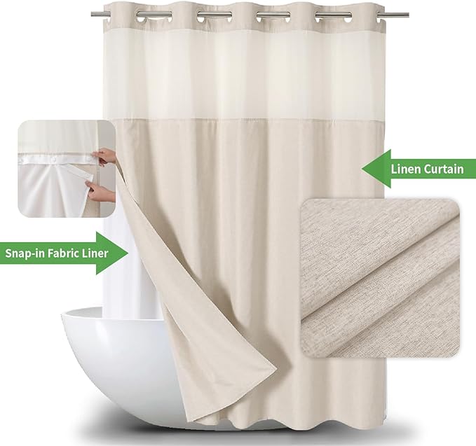 Long No Hooks Needed Linen Textured Shower Curtain - Image 2