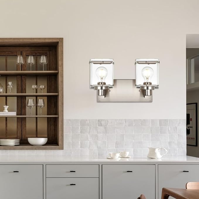 2-Lights Wall Sconce Lighting E26 Bulb Base, Modern Brushed Nickel Bathroom - Image 6