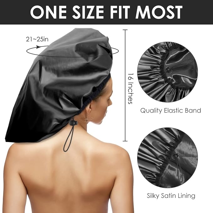 Auban Extra Large Shower Cap, Waterproof Reusable Hair Cap, XL Satin Lined - Image 2