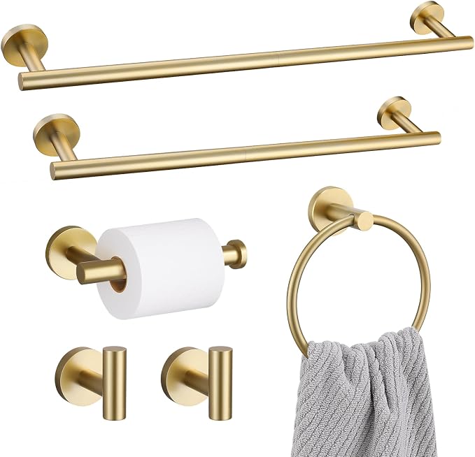 Bathroom Towel Holder Set, 6 Pieces Brushed Gold Towel Bar Bathroom Hardware by SOAEZ