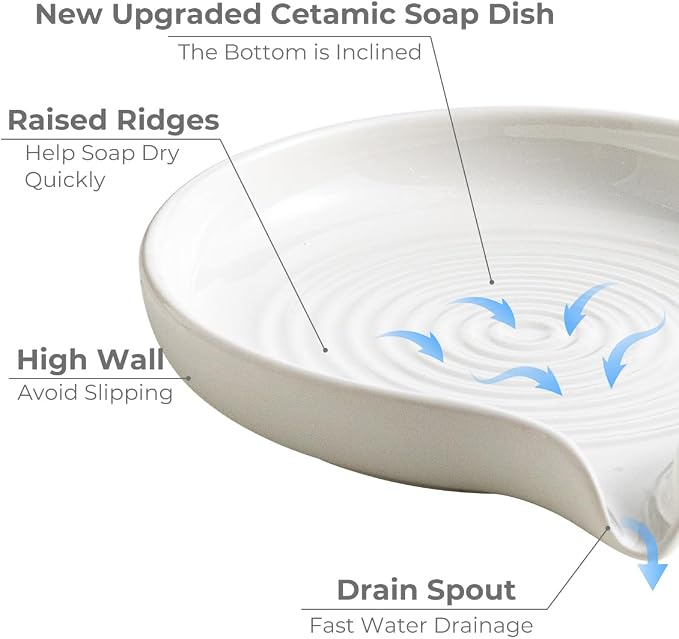 Self Draining Soap Dish, Ceramic Drain Soap Holder Waterfall Design Soap Saver - Image 3