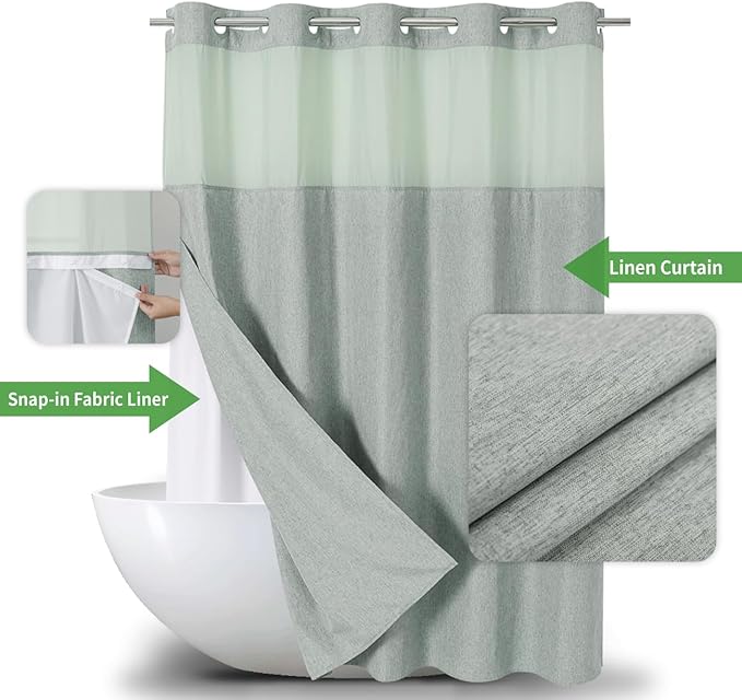 Extra Long No Hooks Needed Linen Textured Shower Curtain - Image 2