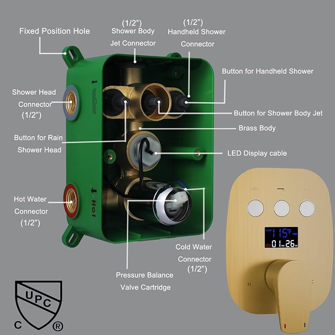 12Inch Brushed Gold Ceiling Shower System & 8Inch Wall-Mount Shower Faucet Set - Image 6