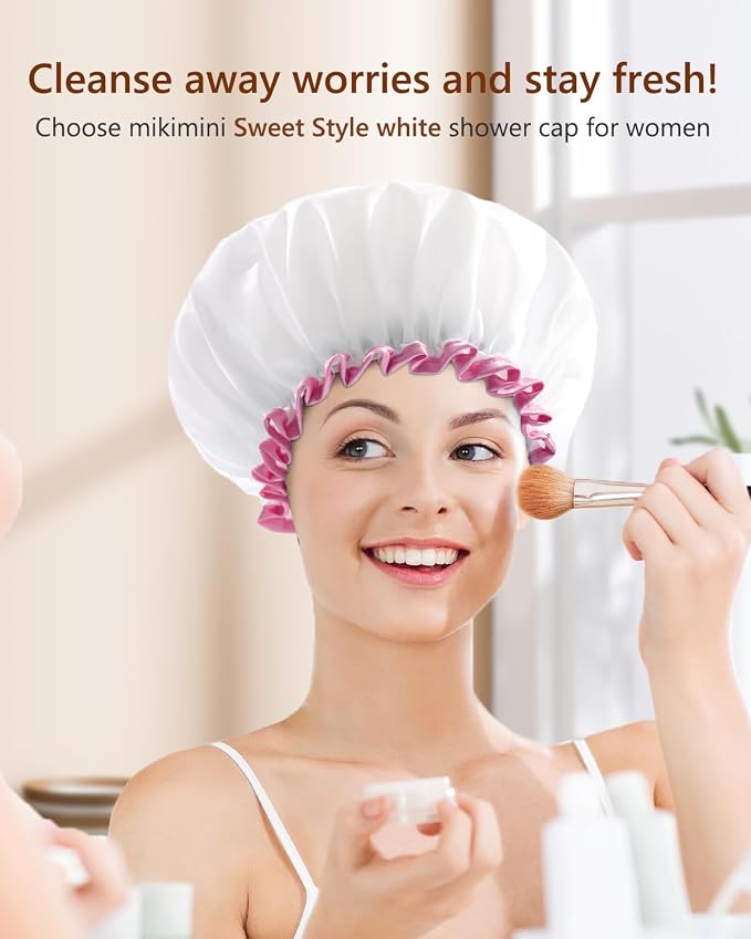 mikimini White Shower Cap Waterproof Reusable, Double Layers Bathing Hair Cap - Image 5
