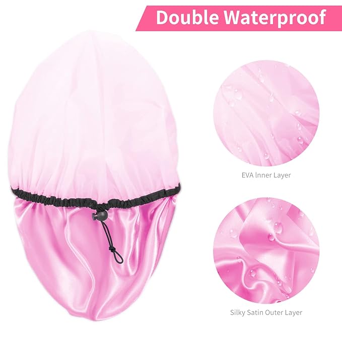Auban Shower Cap for Women, Adjustable Reusable, Extra Large, Double-Layer - Image 4