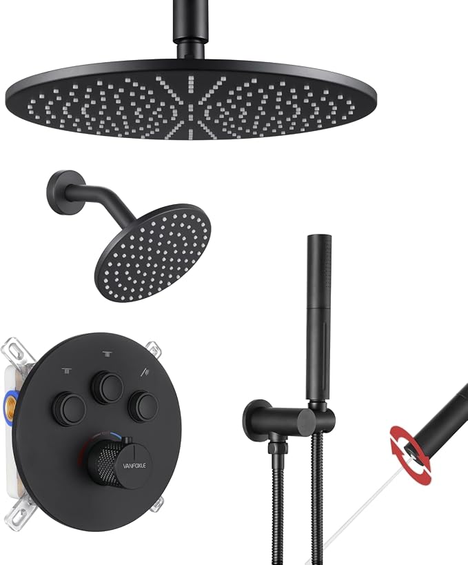 VANFOXLE Thermostatic Shower Faucet Set Matte Black Shower System, Push Button by VANFOXLE