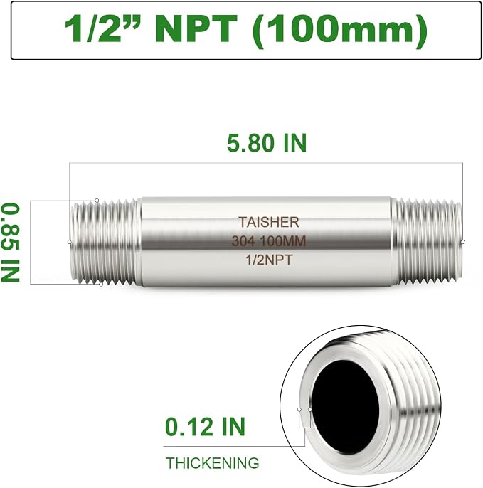 TAISHER 2PCS Stainless Steel Pipe Fittings, 1/2" NPT Male x 1/2" NPT Male - Image 2