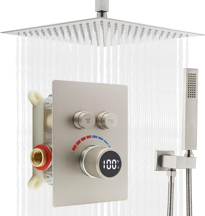 Digital Display Shower System Set 16 Inches Rain Fall Head Temperature Valve by Backnets