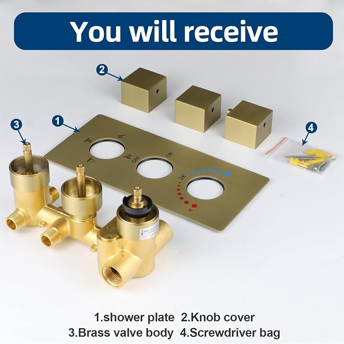 Brass 4 Ways Shower Diverter Valve Brushed Gold, HOMEDEC Thermostatic 4 Outlets - Image 6