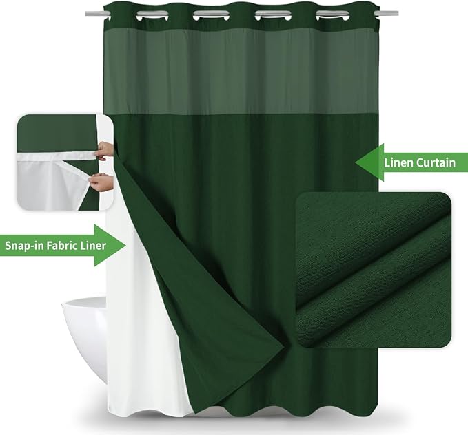 Long No Hooks Needed Linen Textured Shower Curtain - Image 2