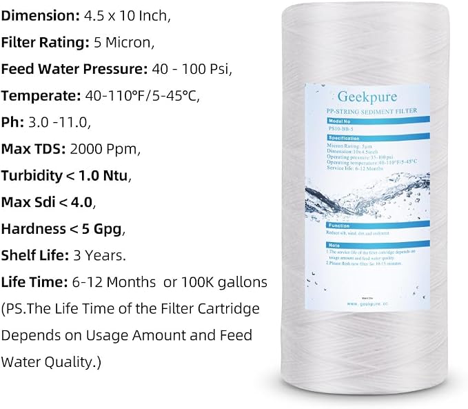 Geekpure 10 Inch String Wound PP Sediment Filter Cartridge - Image 4