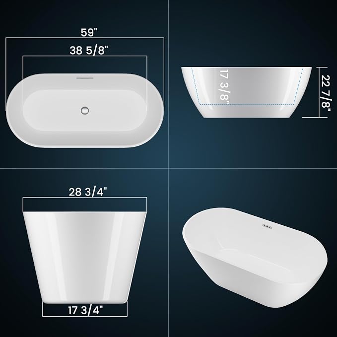59 in Acrylic Freestanding Bathtub, Contemporary Stand Alone Tub, Glossy White - Image 3
